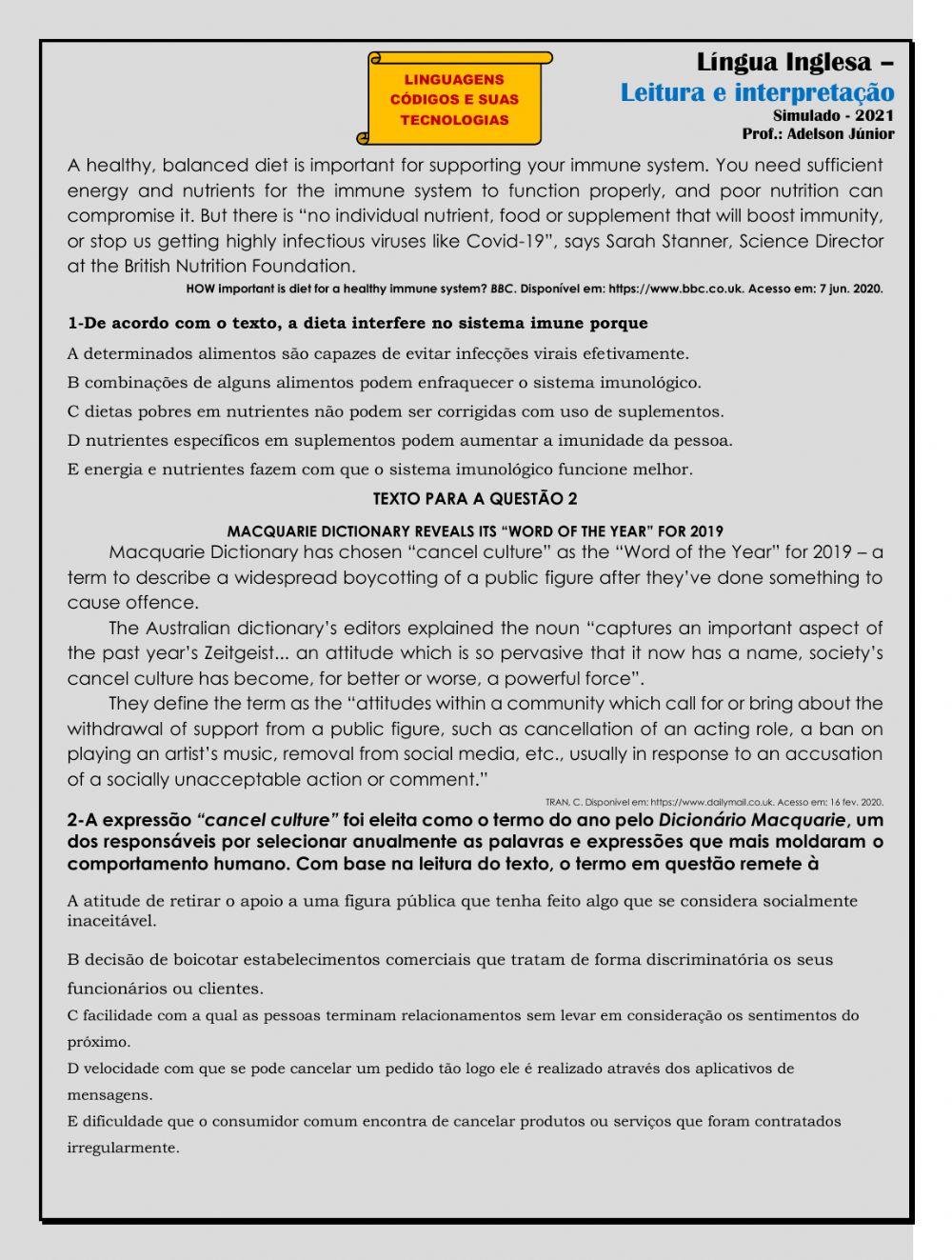 1ºSimulado 2021 ( Enem) Inglês