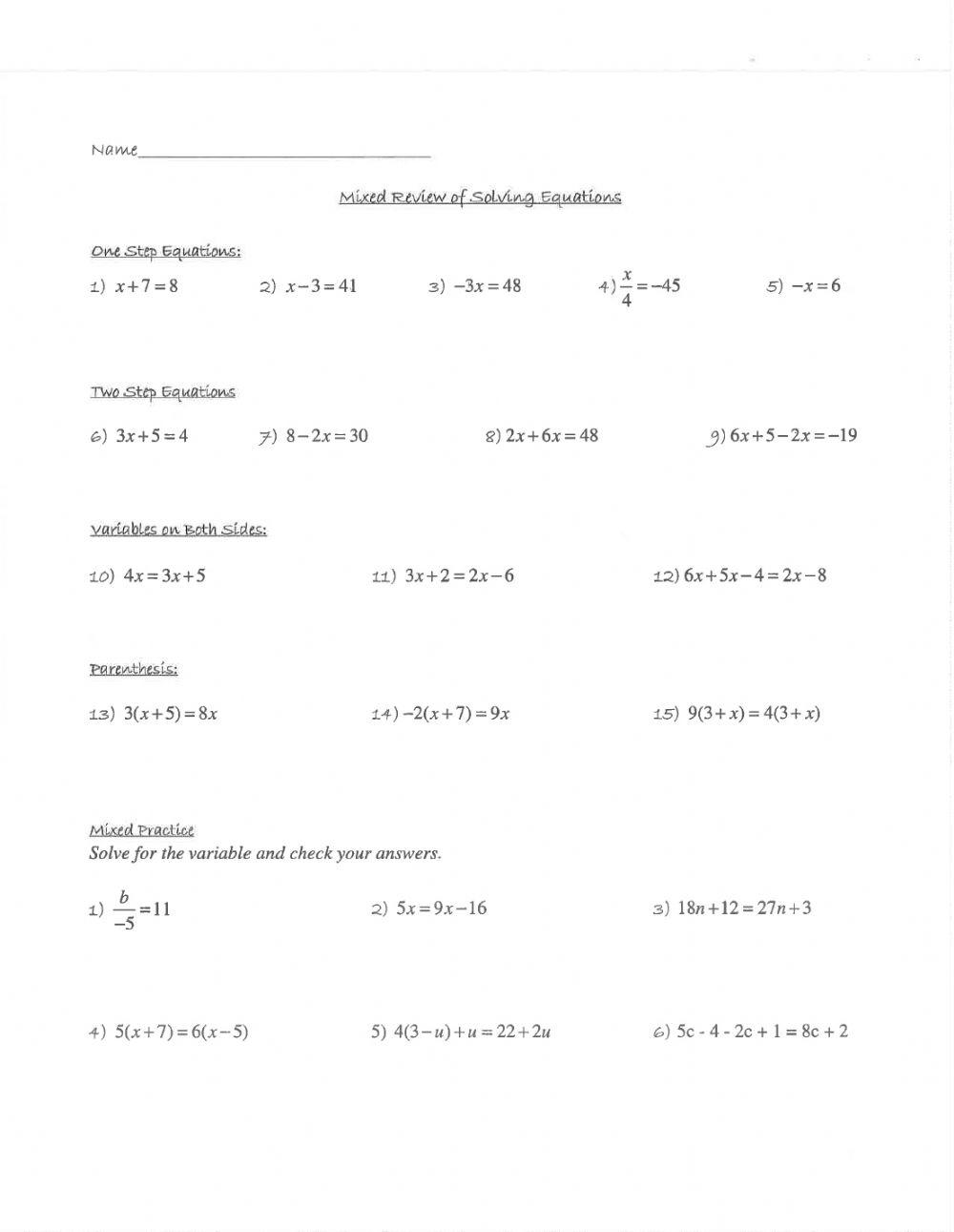 Solving Equations - Quiz Review