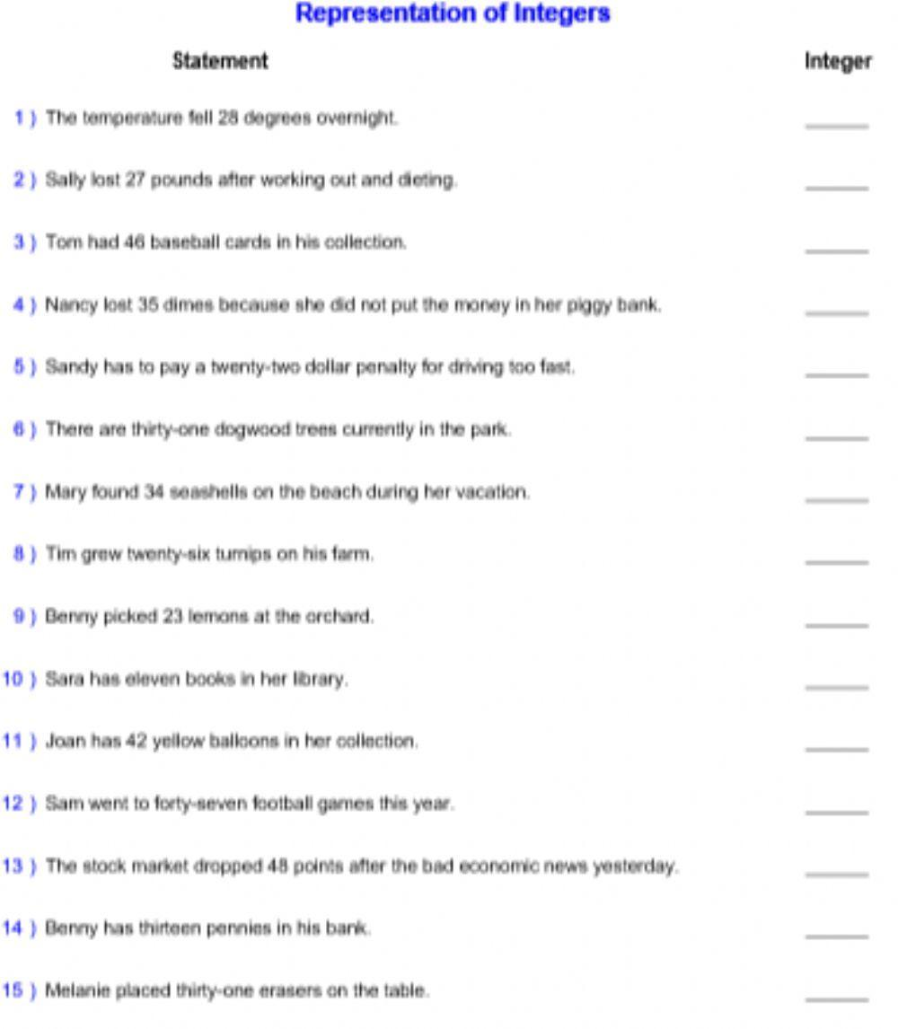 Representing Integers Worksheet