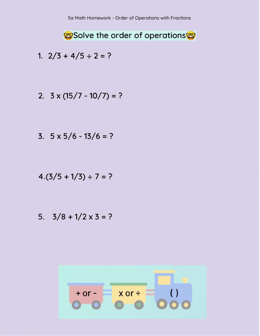 5a Math Homework - Order of Operations with Fractions