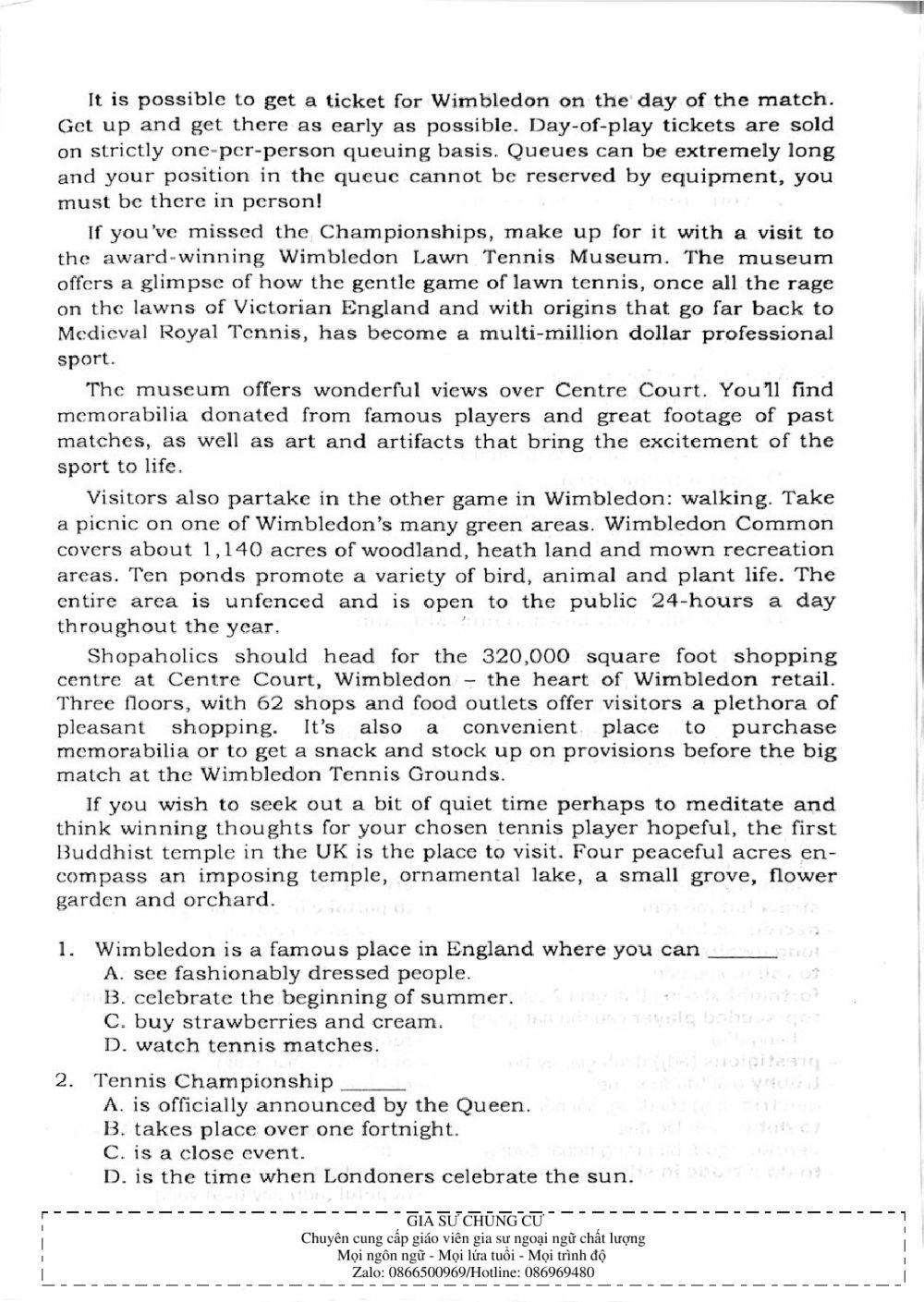 Trắc nghiệm Kỹ năng đọc hiểu Tiếng Anh số 14