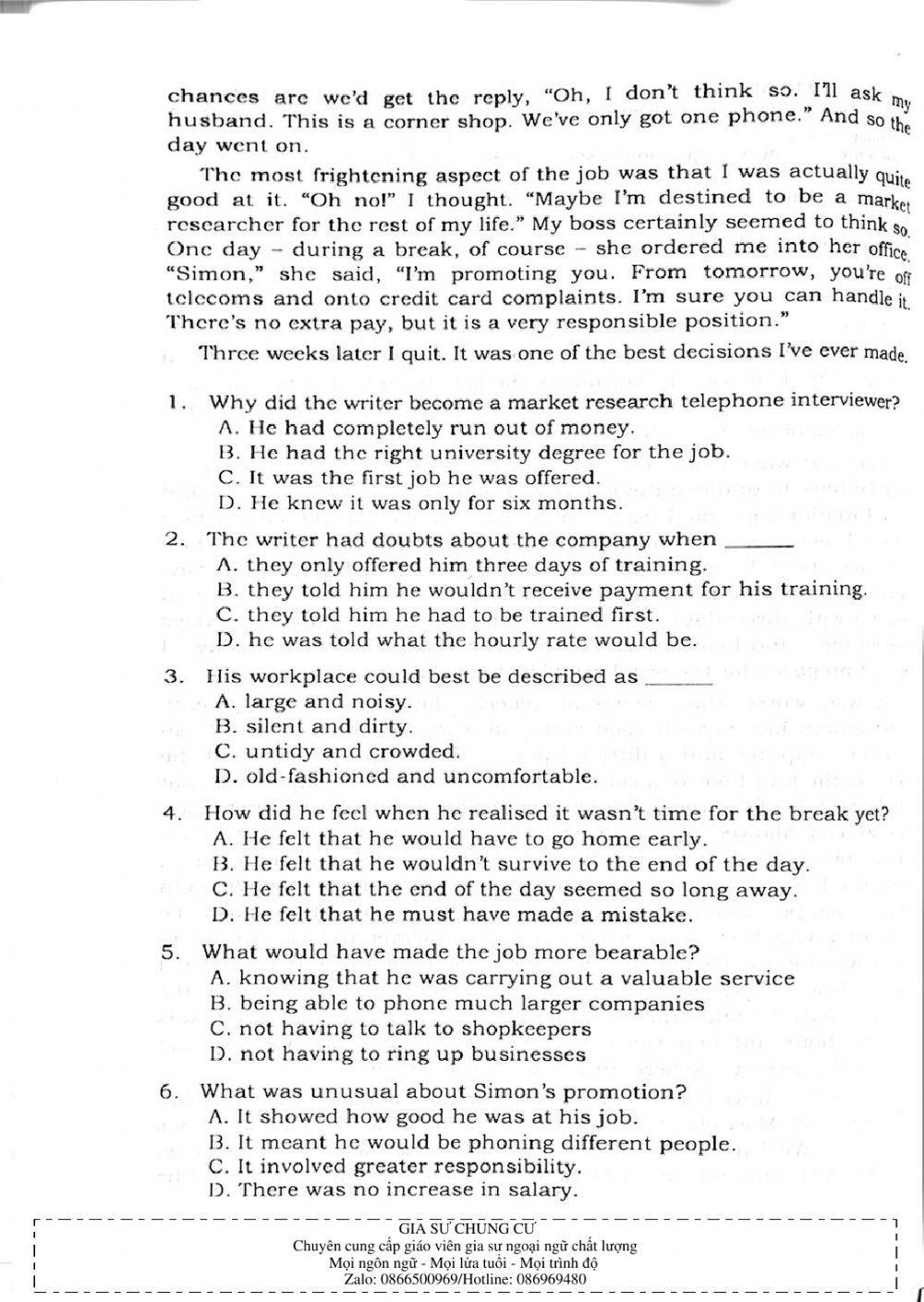 Trắc nghiệm Kỹ năng đọc hiểu Tiếng Anh số 14