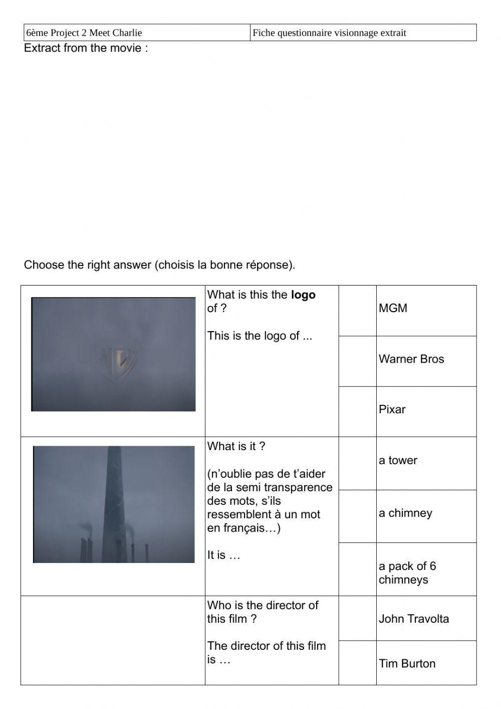 Charlie and the chocolate factory 6ème questionnaire 1