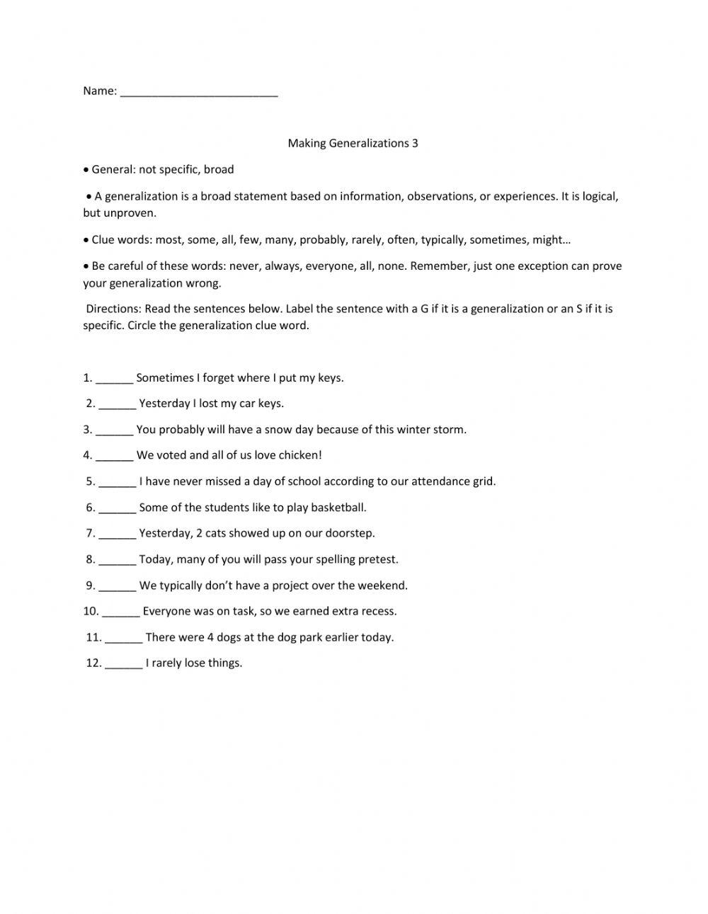 Making generalization 3 online exercise for live worksheets