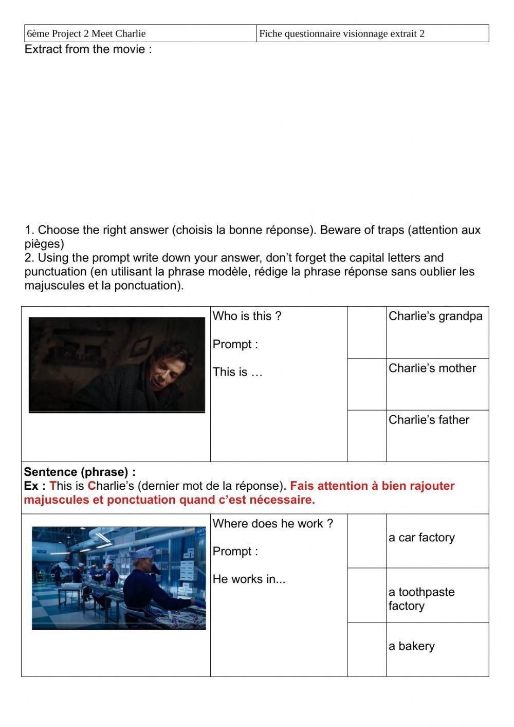 Charlie and the chocolate factory 6ème questionnaire 2