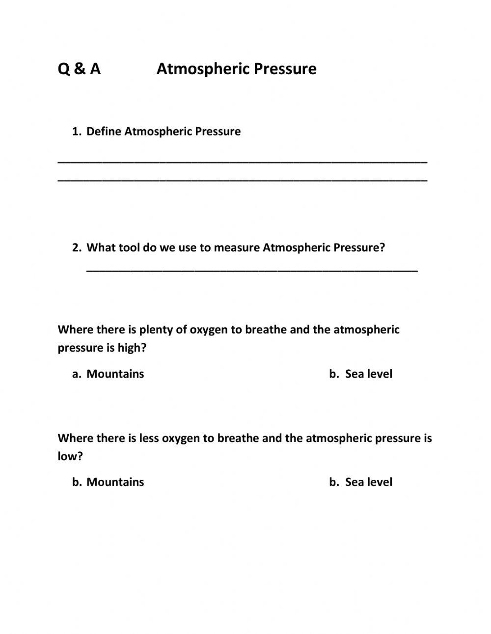 Weather Atmospheric Pressure Worksheet Printable