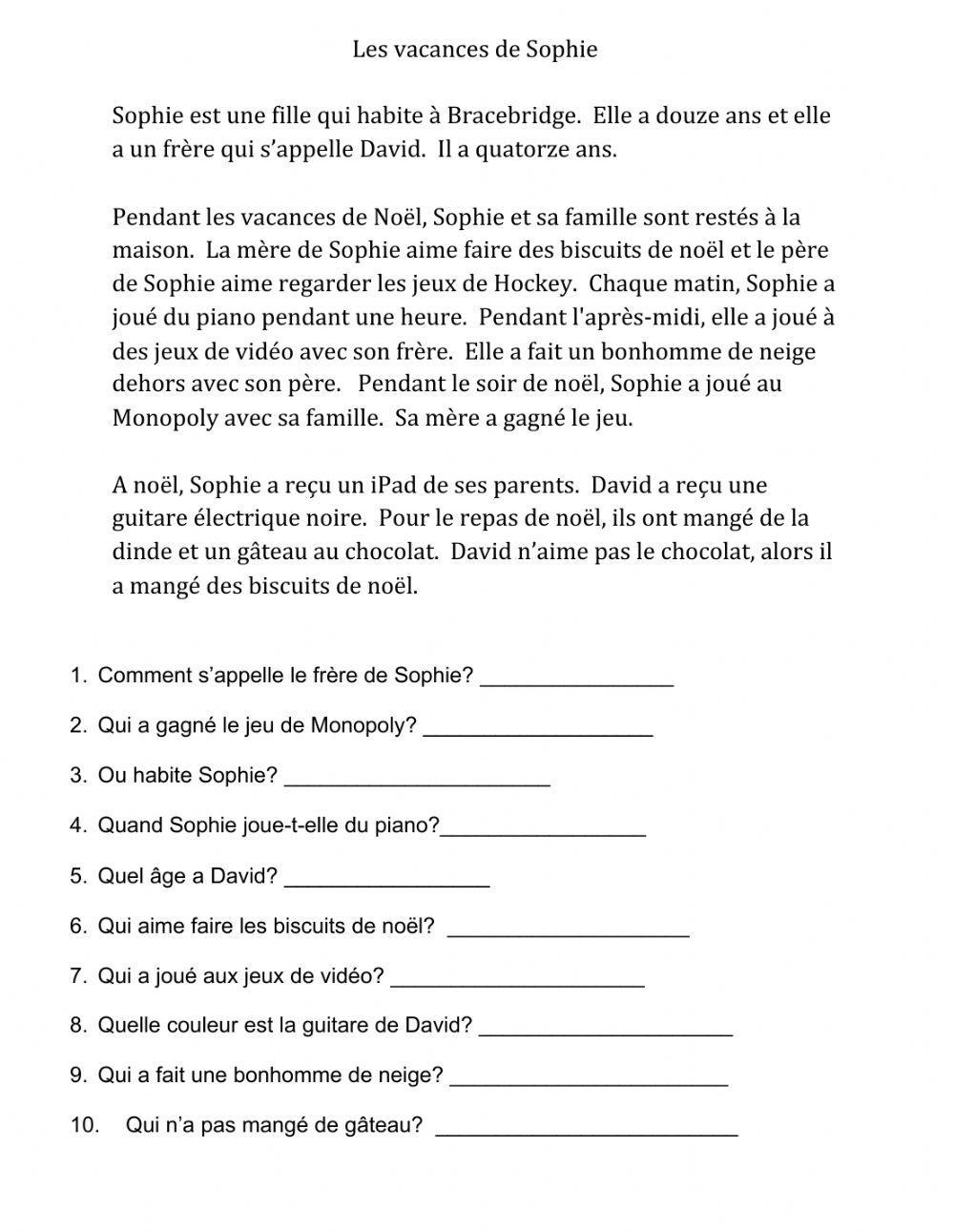 Lecture - les vacances de Noel