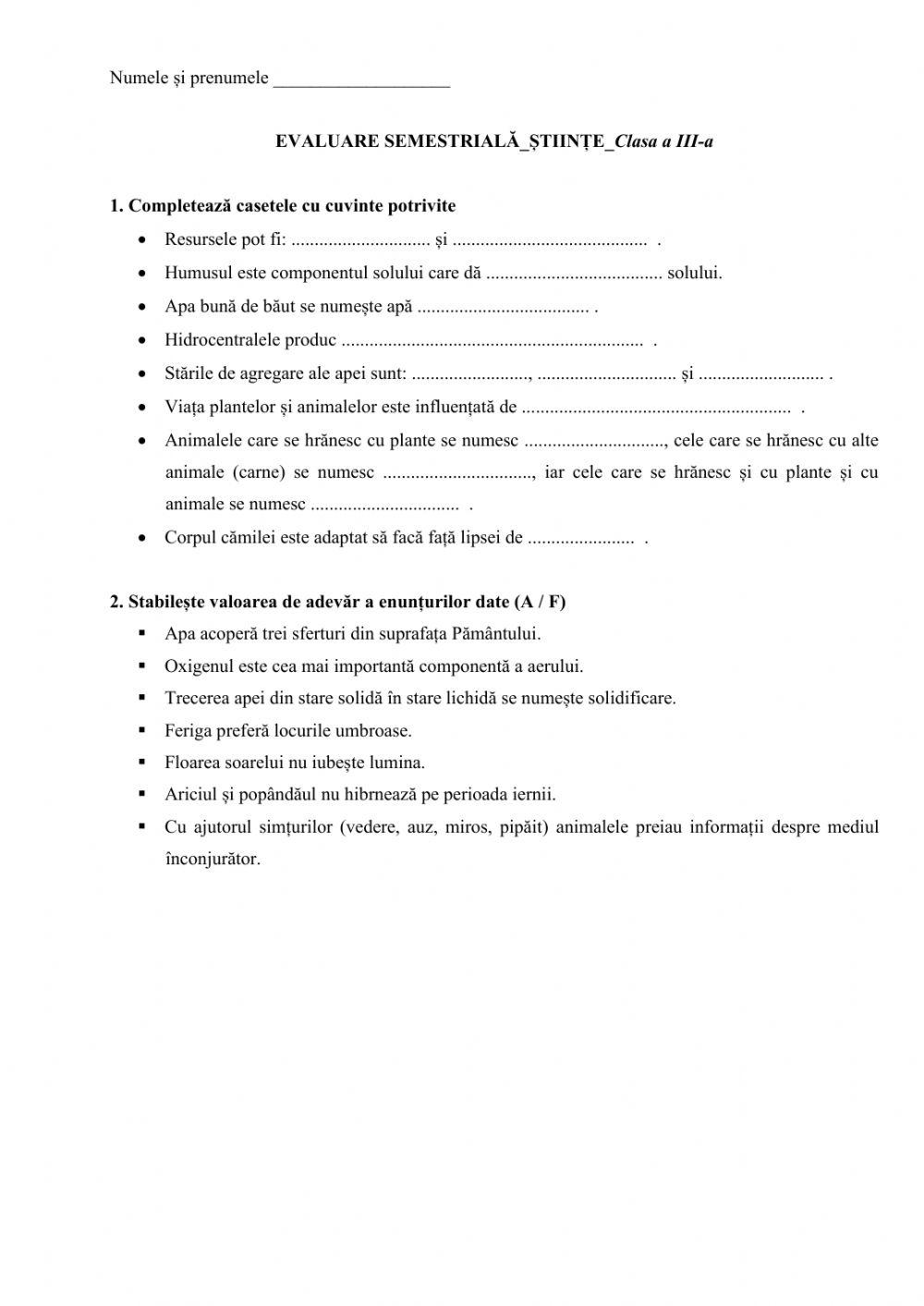 Evaluare semestriala-Stiinte