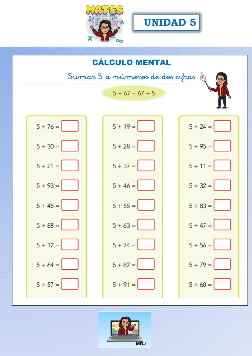 Cálculo mental: sumar 5 a números de dos cifras