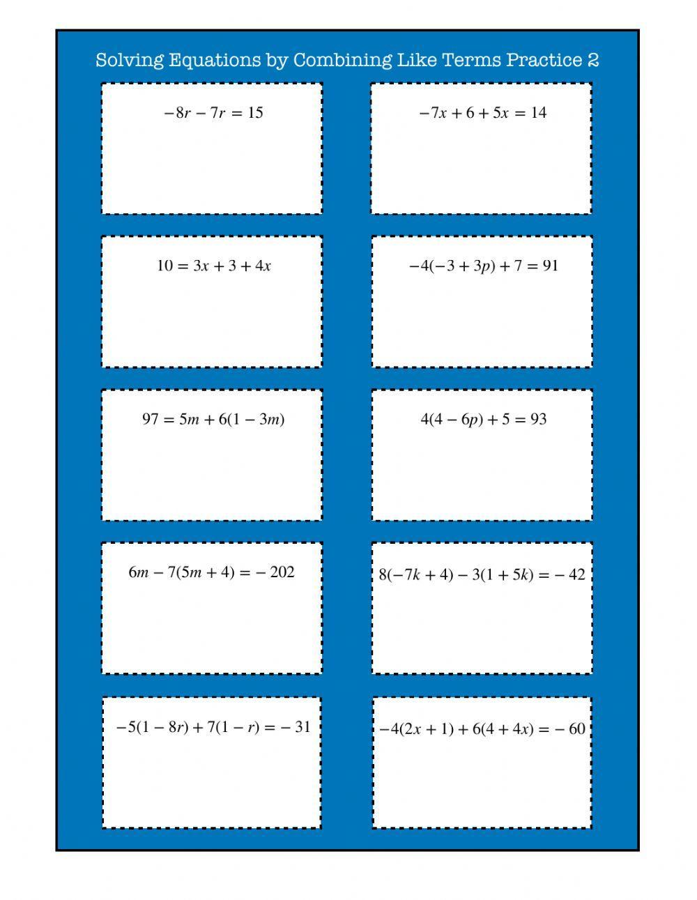 Solving Equations by Combining Like Terms Practice 2