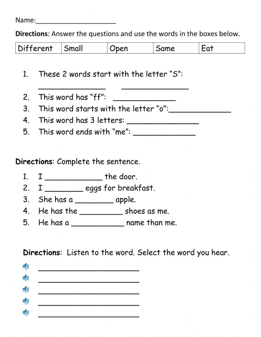 High Frequency Words: open same different