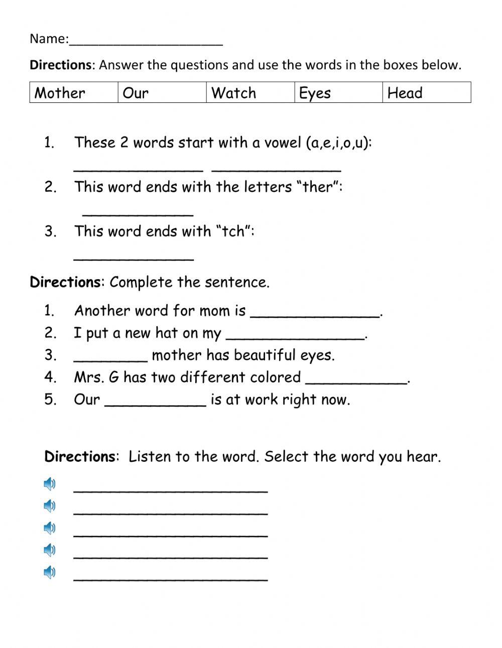 High Frequency Words: mother, head, our