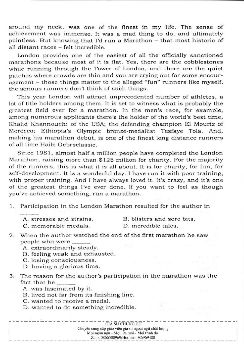 Trắc nghiệm Kỹ năng đọc hiểu Tiếng Anh số 17