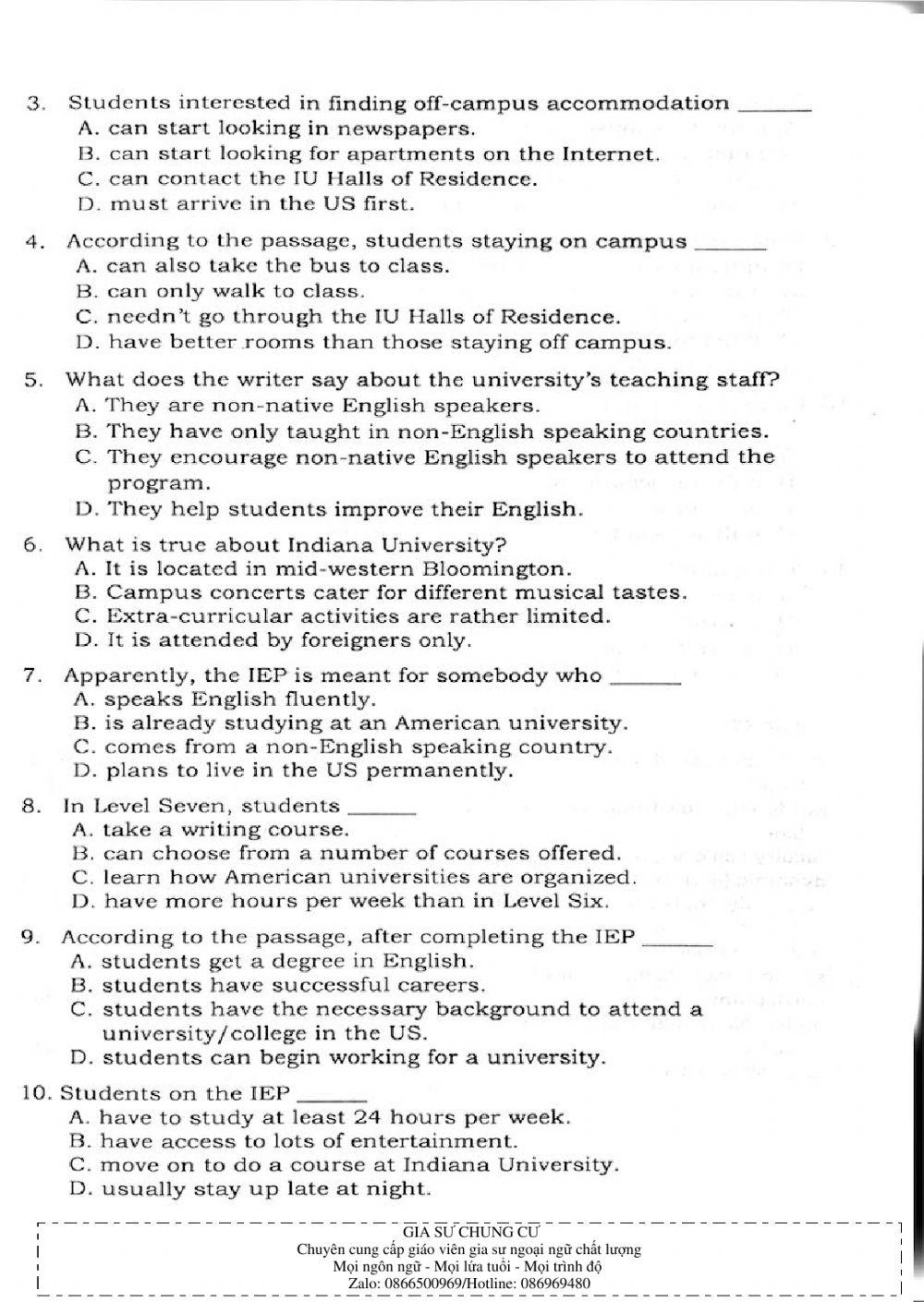 Trắc nghiệm Kỹ năng đọc hiểu Tiếng Anh số 17