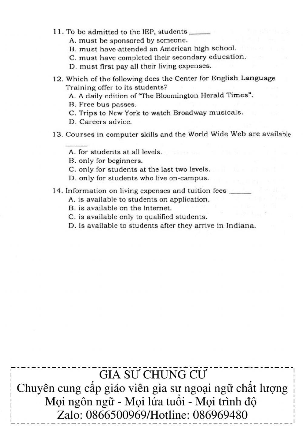 Trắc nghiệm Kỹ năng đọc hiểu Tiếng Anh số 17