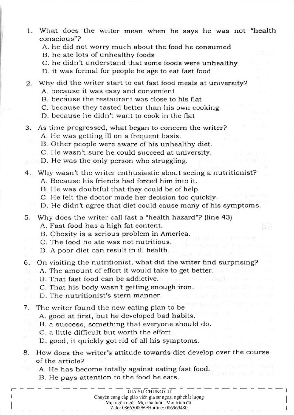 Trắc nghiệm Kỹ năng đọc hiểu Tiếng Anh số 18