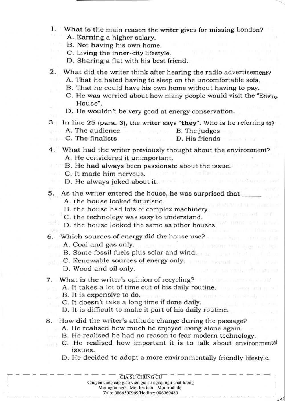 Trắc nghiệm Kỹ năng đọc hiểu Tiếng Anh số 18