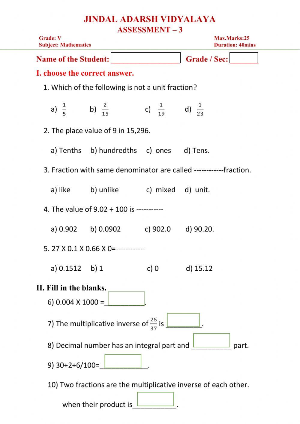 Grade 5 Maths Assessment 3