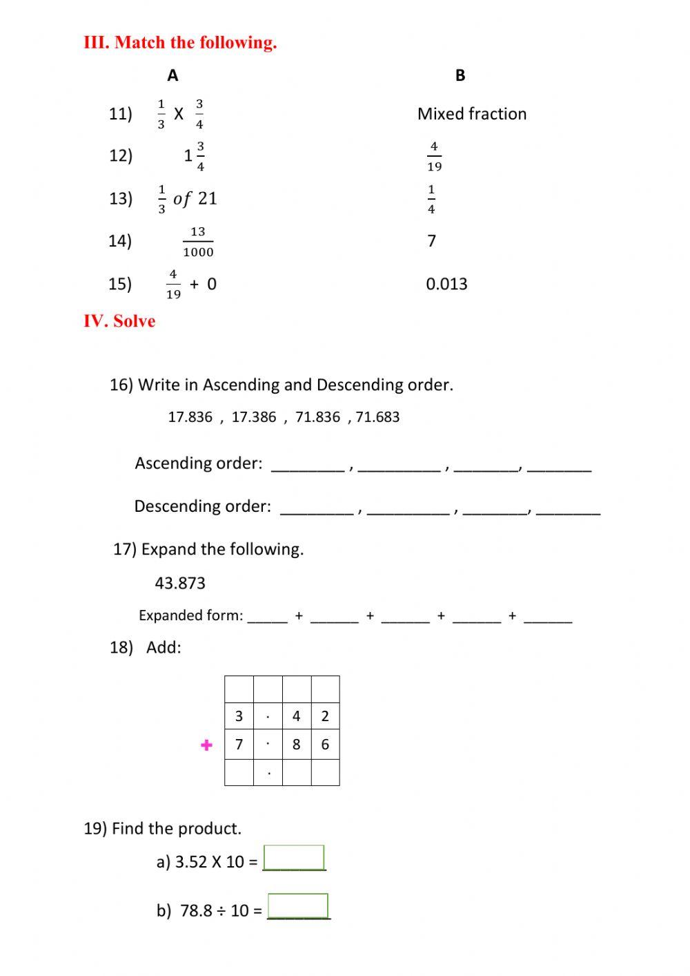 Grade 5 Maths Assessment 3 worksheet | Live Worksheets