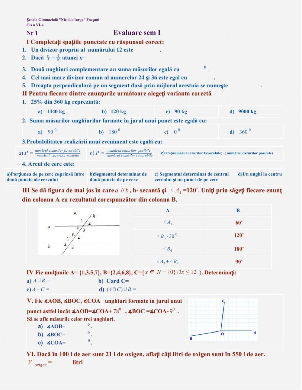 Evaluare sumativă, cls a VI-a,sem I