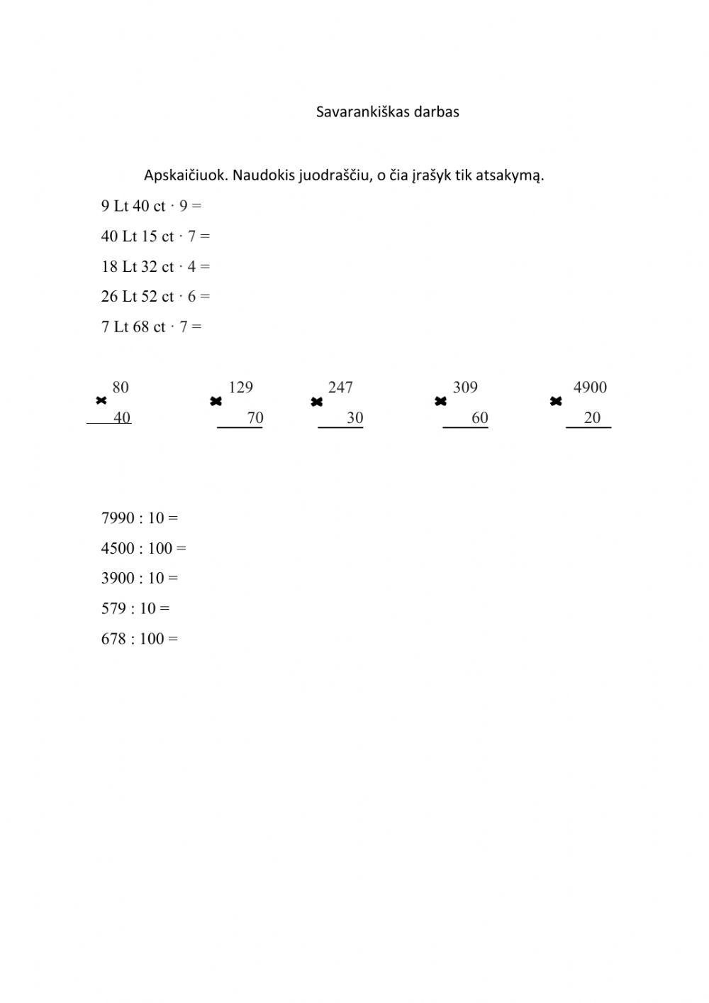 Daugyba, dalyba iš apvalių dešimčių, šimtų