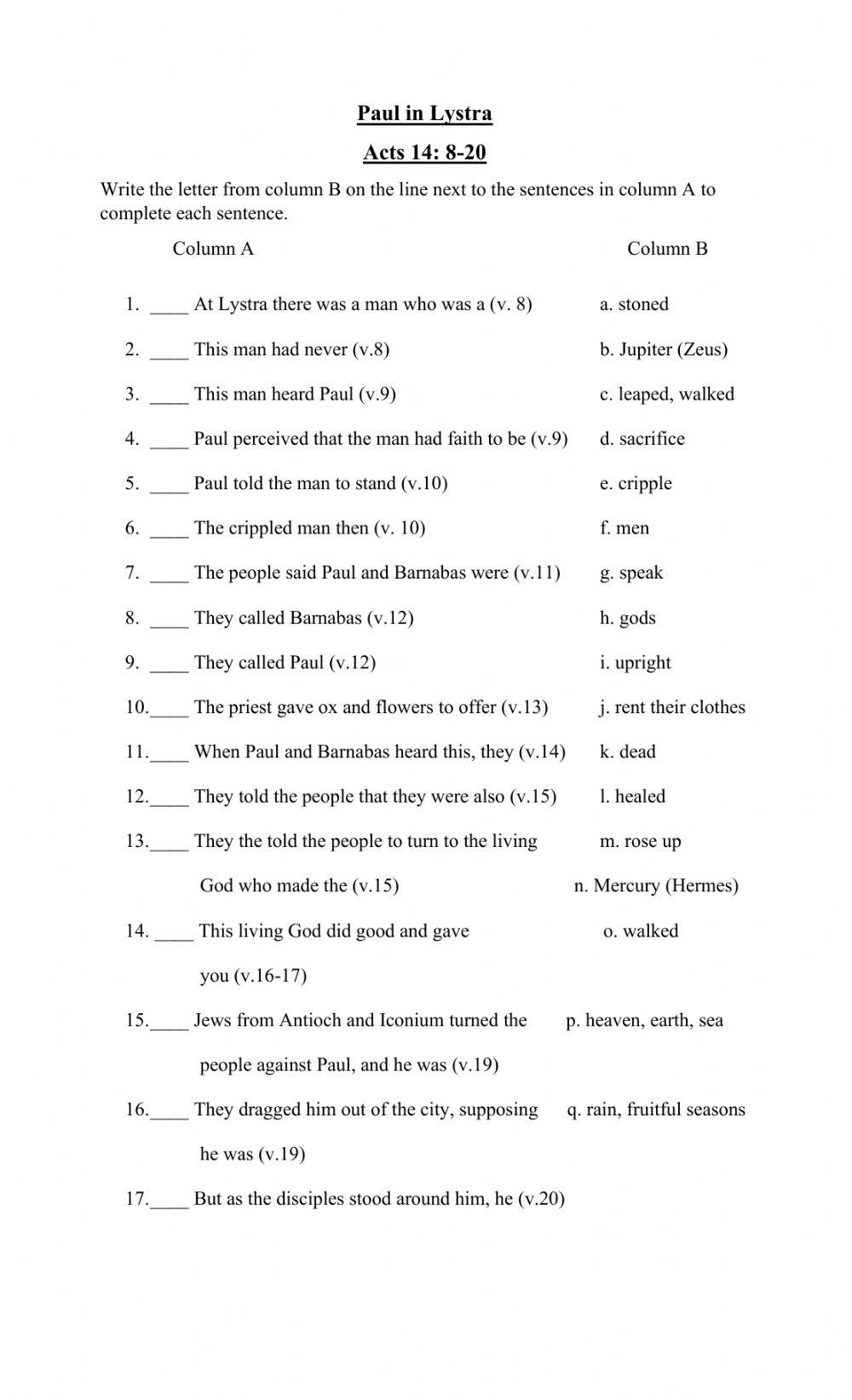 Paul in Lystra worksheet