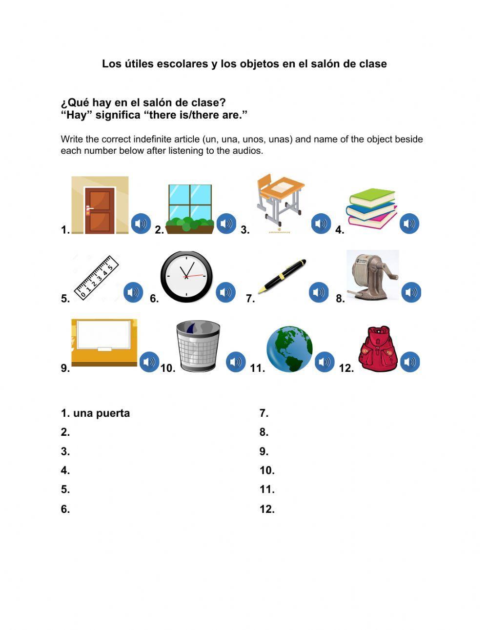 Los objetos en el salón de clase Listening and Writing