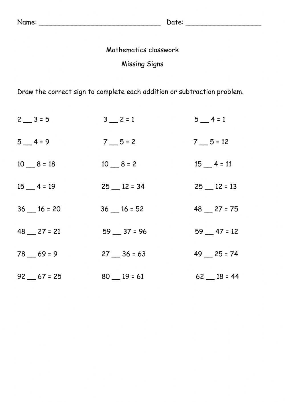Missing addition and subtraction sign worksheet | Live Worksheets
