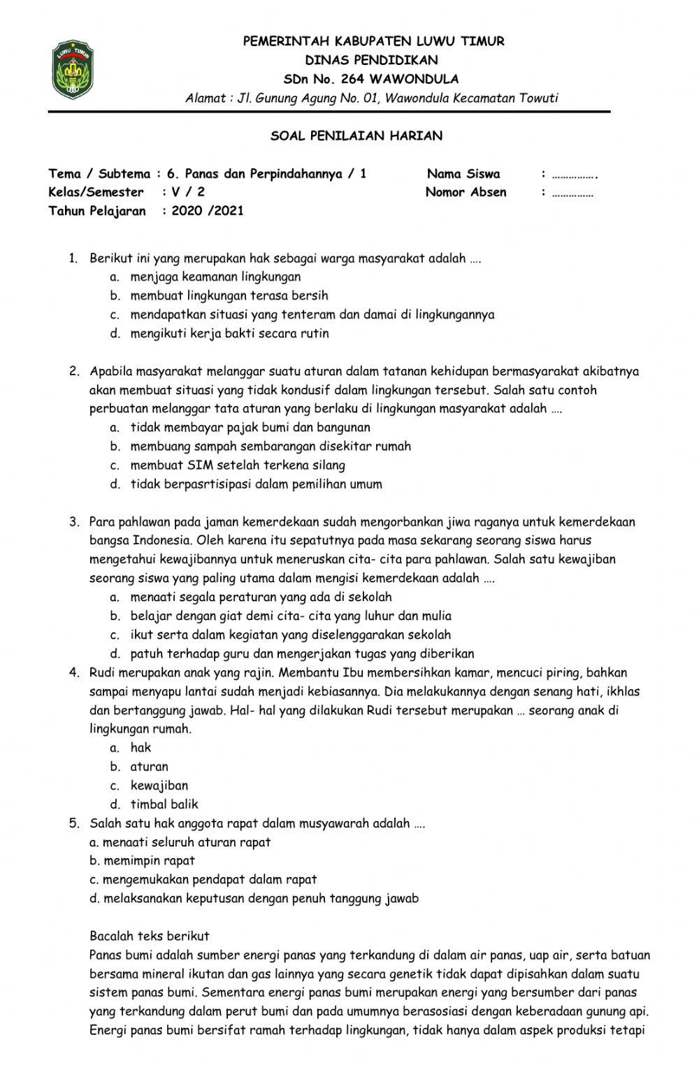 Penilaian Harian Tema 6 St 1