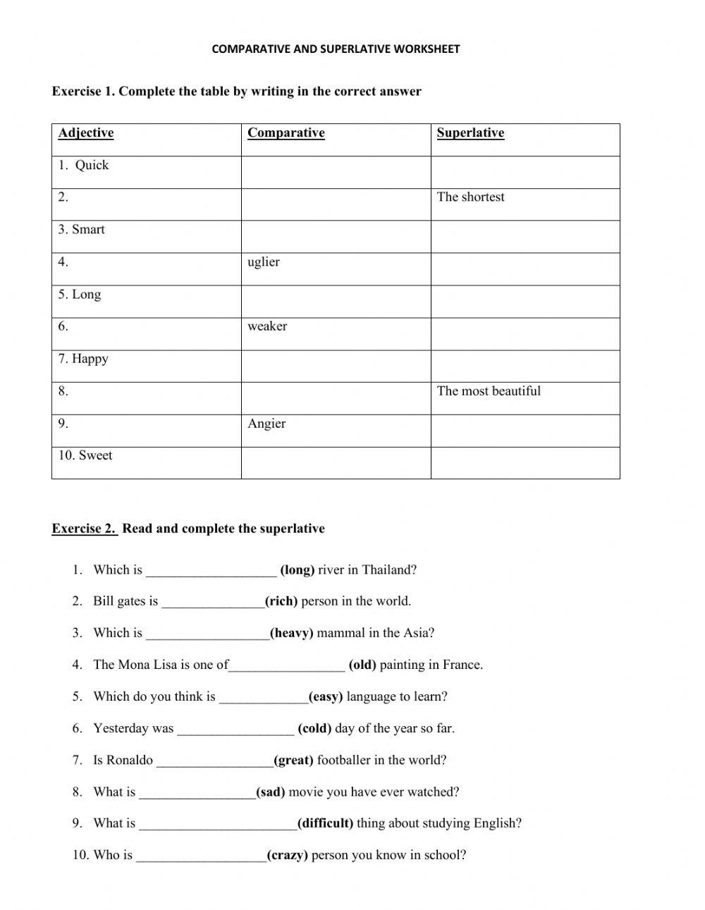 Comparative and Superlative adjectives