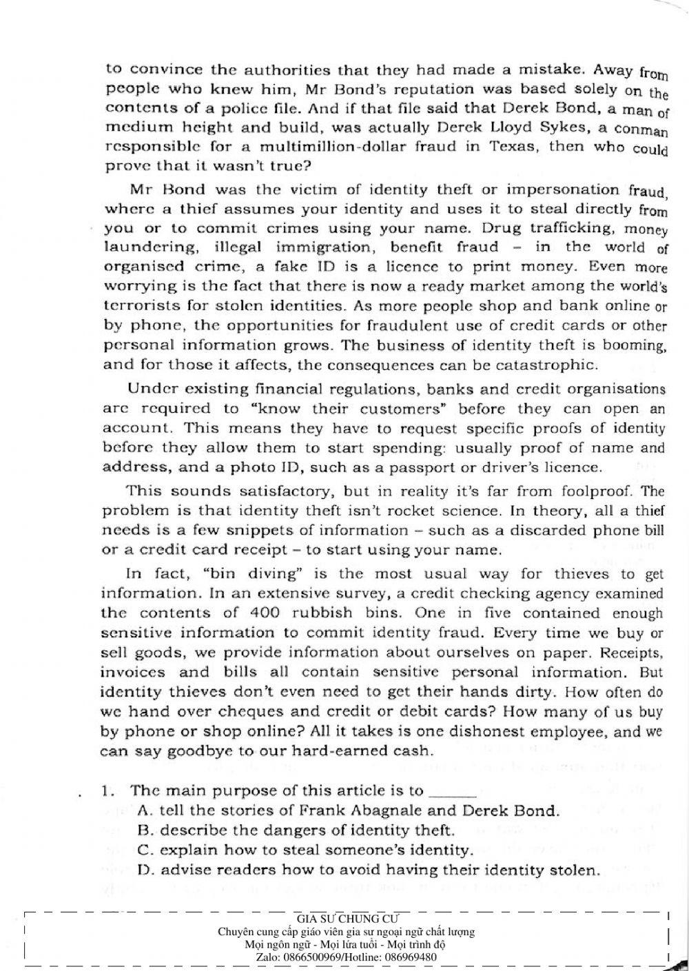 Trắc nghiệm Kỹ năng đọc hiểu Tiếng Anh số 19