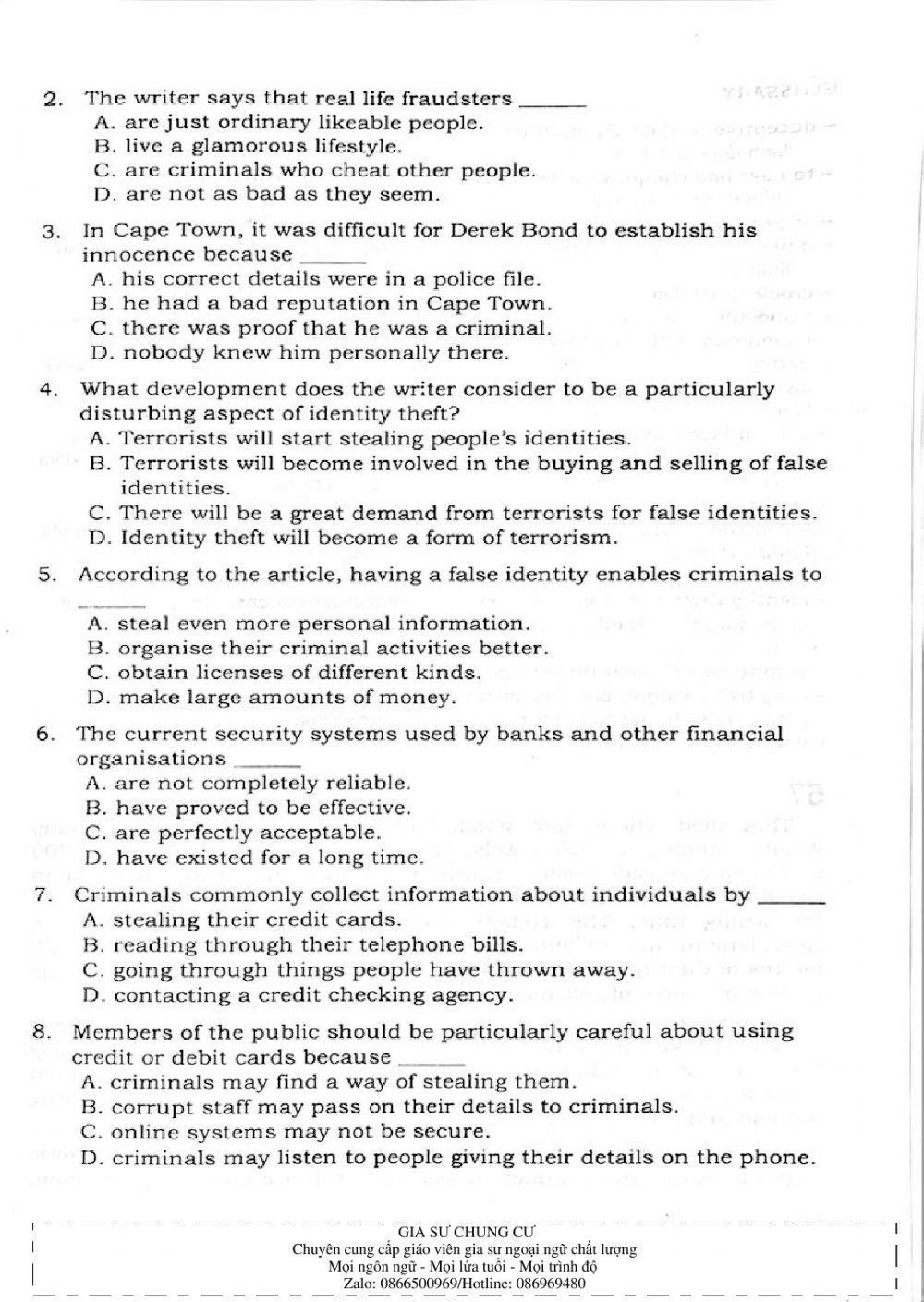 Trắc nghiệm Kỹ năng đọc hiểu Tiếng Anh số 19