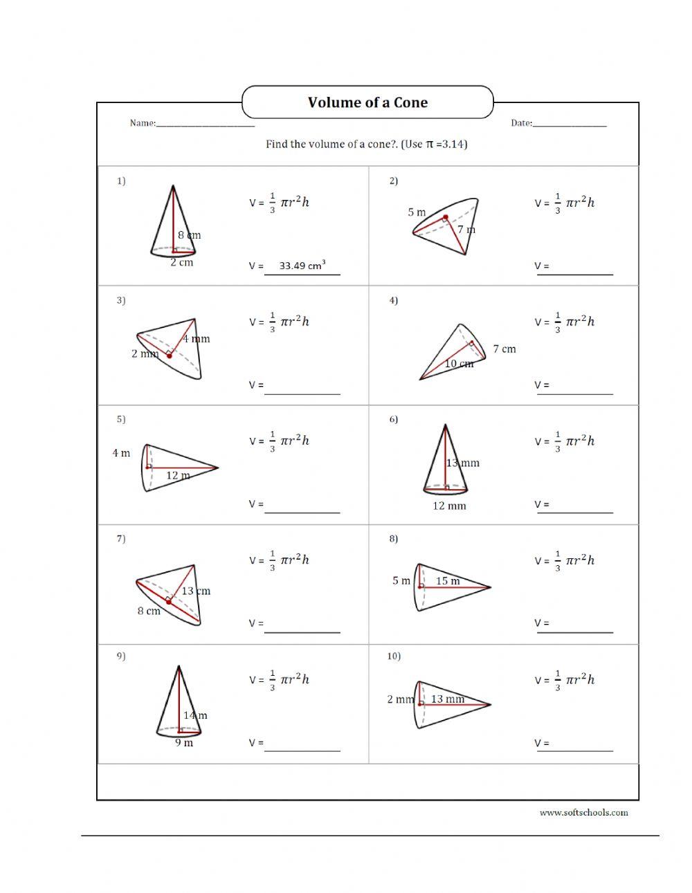 Volume of a cone worksheet 1 6 online exercise for live worksheets