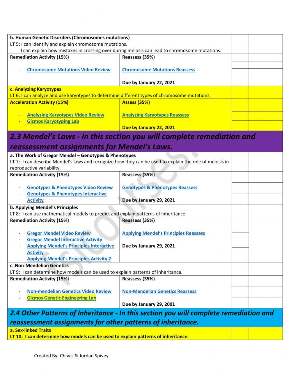Biology Course 2 Acceleration-Remediation Proficiency Sheet fsicourses.net