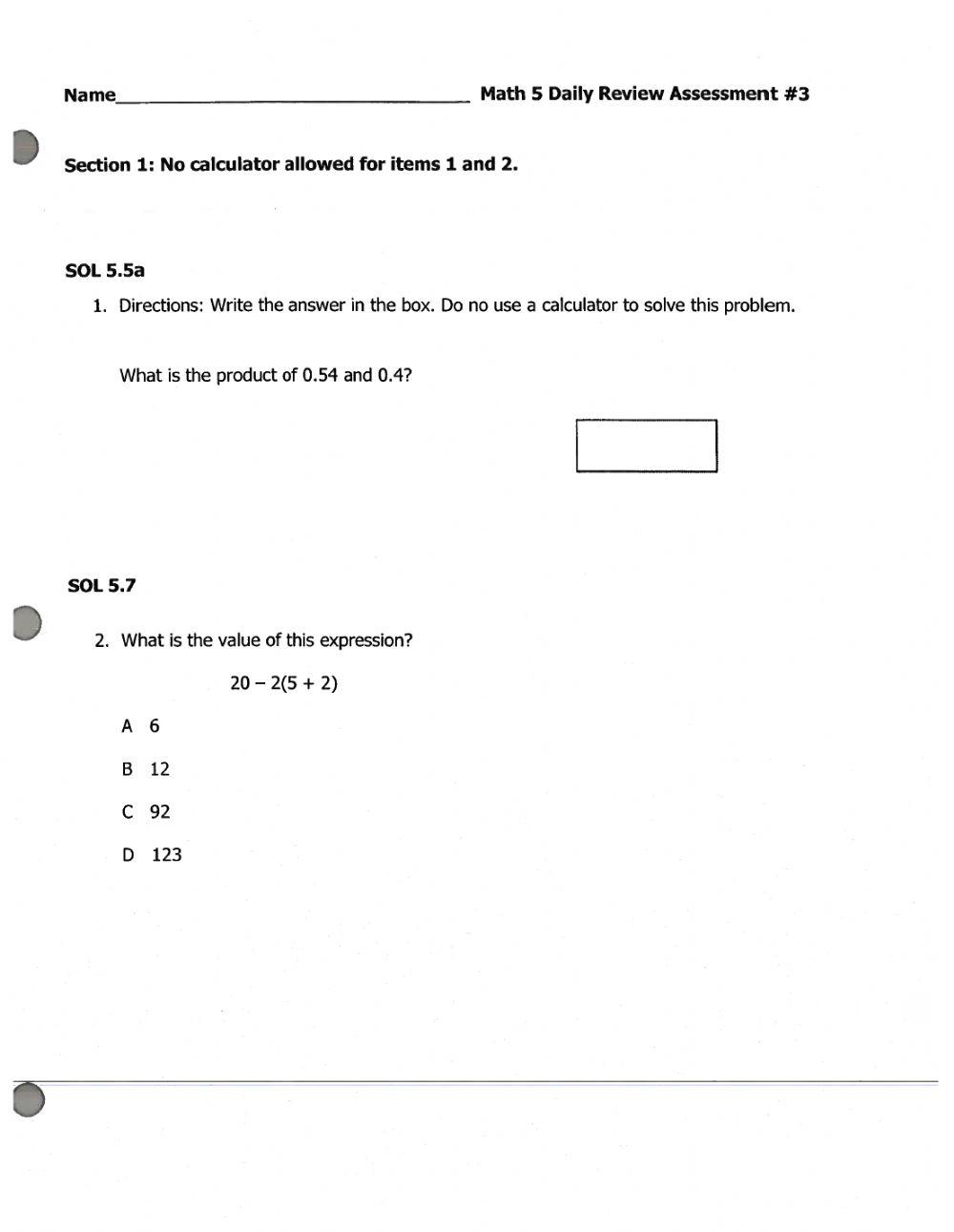 Math Daily Review Assessment -3