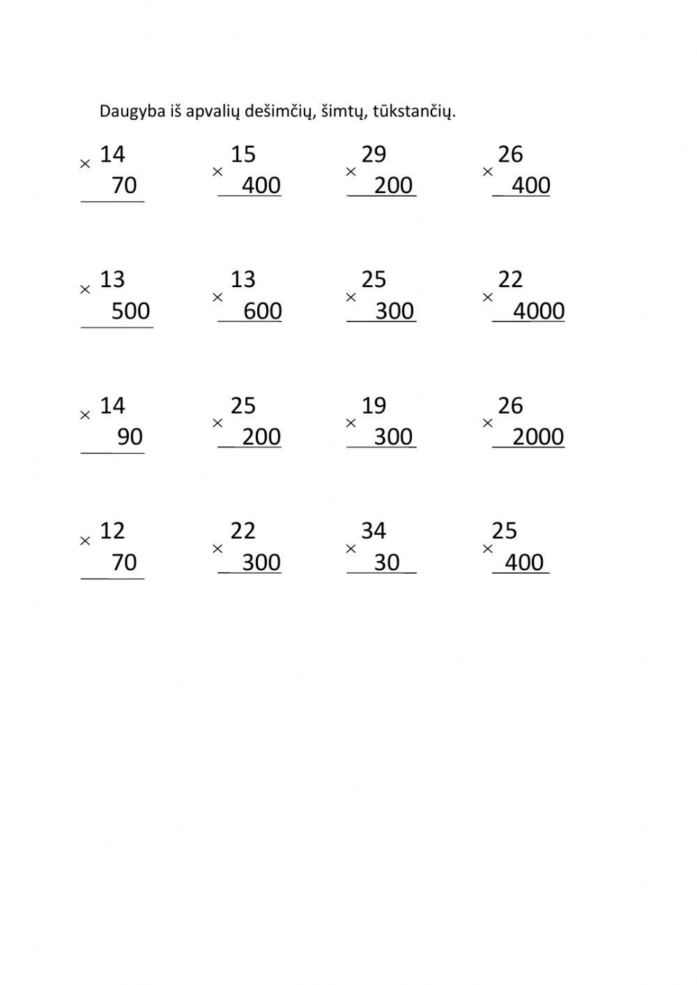 Daugyba iš apvalių dešimčių, šimtų, tūkstančių