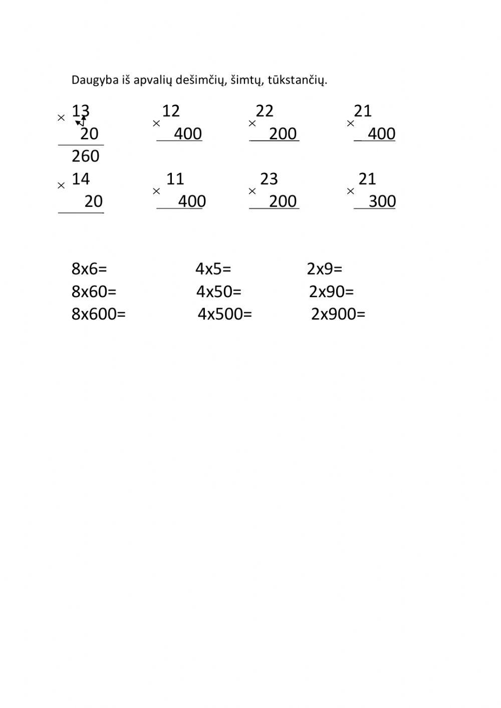Daugyba iš apvalių dešimčių, šimtų (lengv.atvejai)