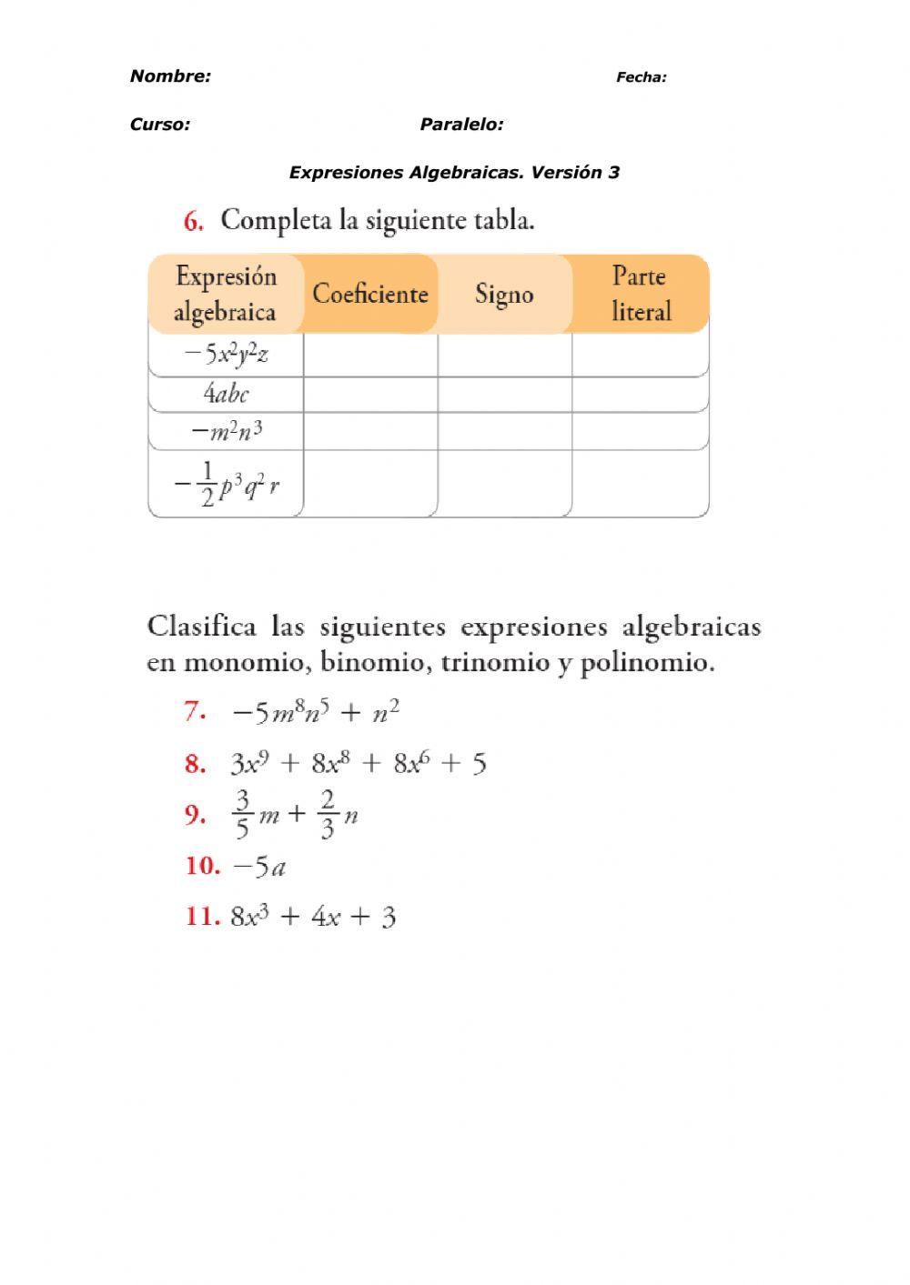 Introducción a las expresiones algebraicas