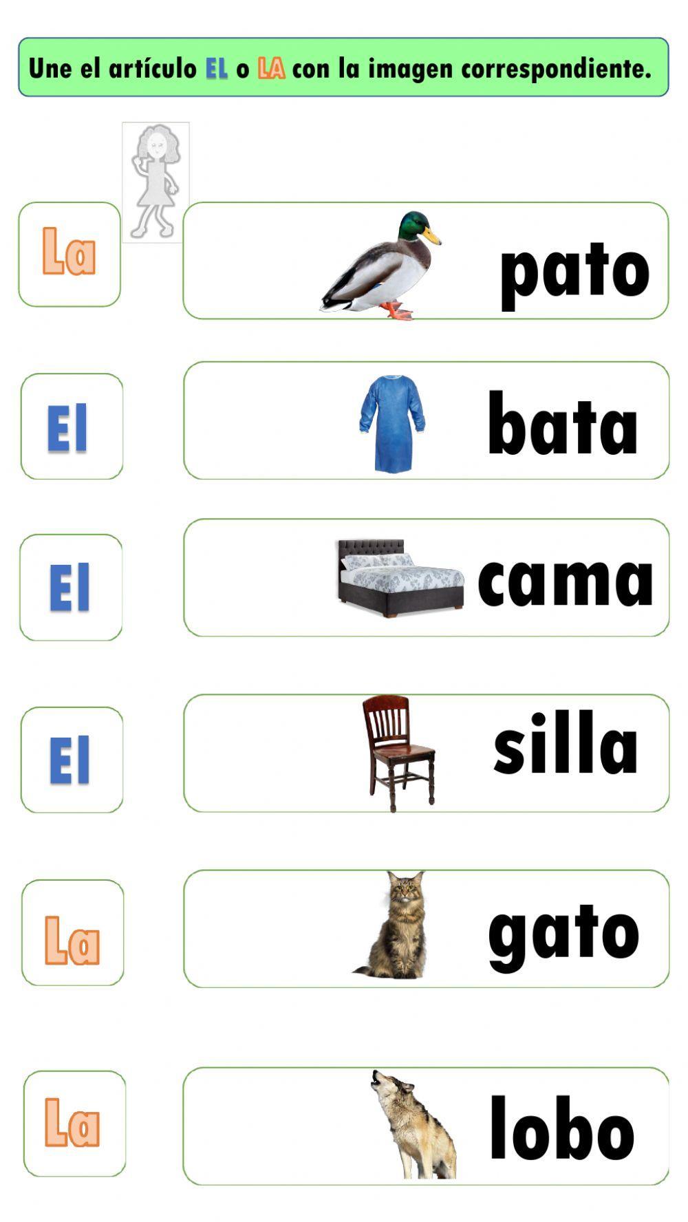 Une el artículo EL o LA con la imagen correspondiente.