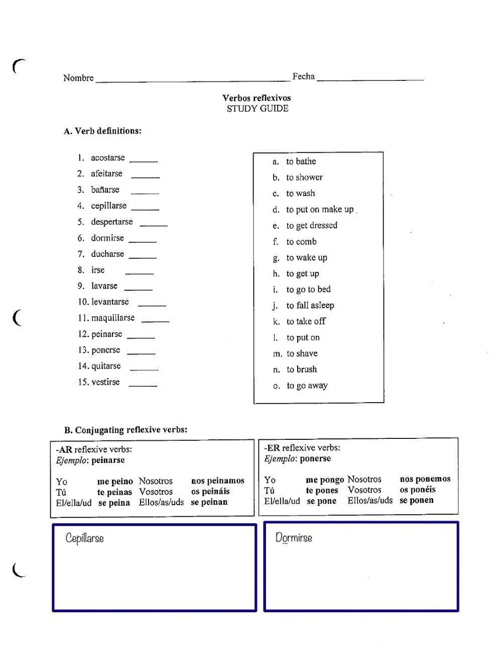 reflexive matching and practice conjugation