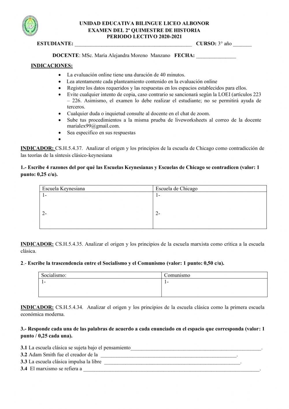 Evaluación quimestral de historia