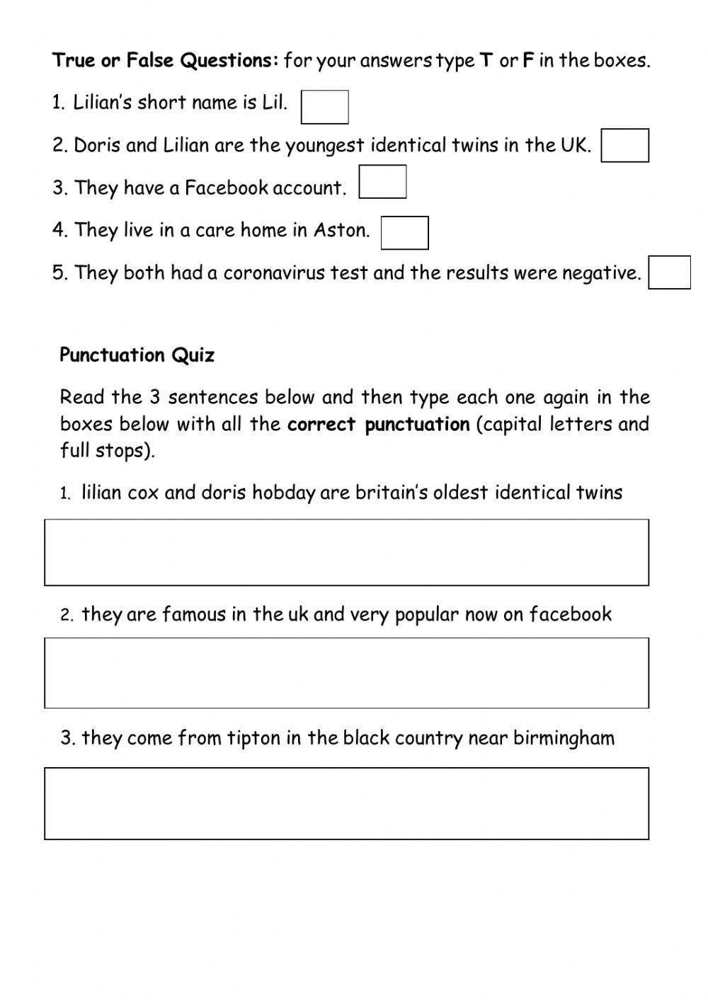 Reading comprehension and punctuation quiz