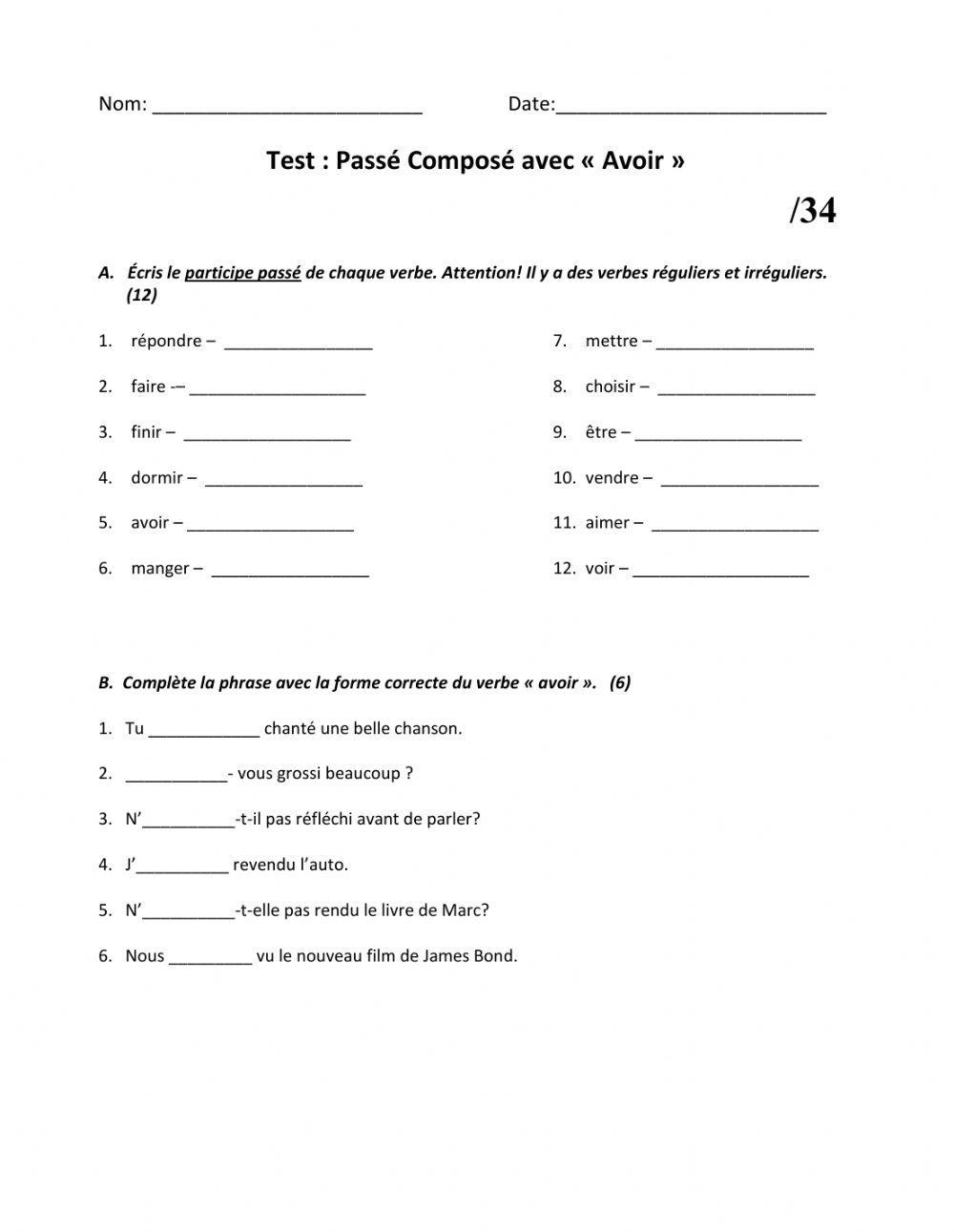 Quiz: Passé composé avec «avoir»