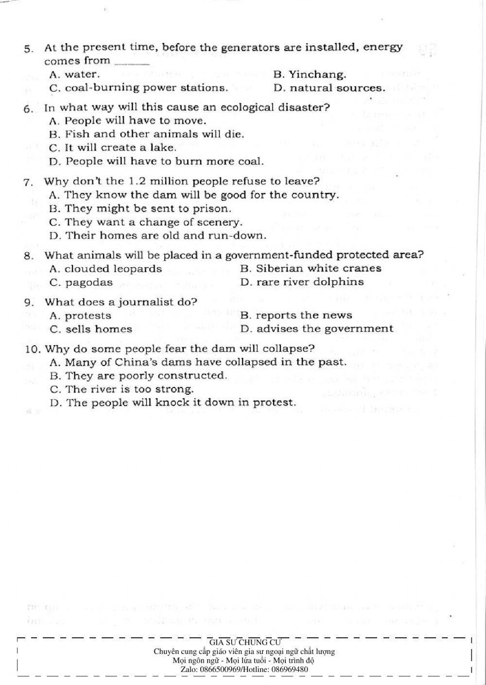 Trắc nghiệm Kỹ năng đọc hiểu Tiếng Anh số 20