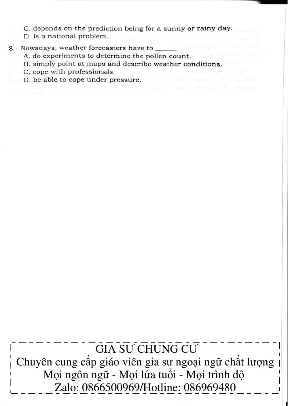 Trắc nghiệm Kỹ năng đọc hiểu Tiếng Anh số 20