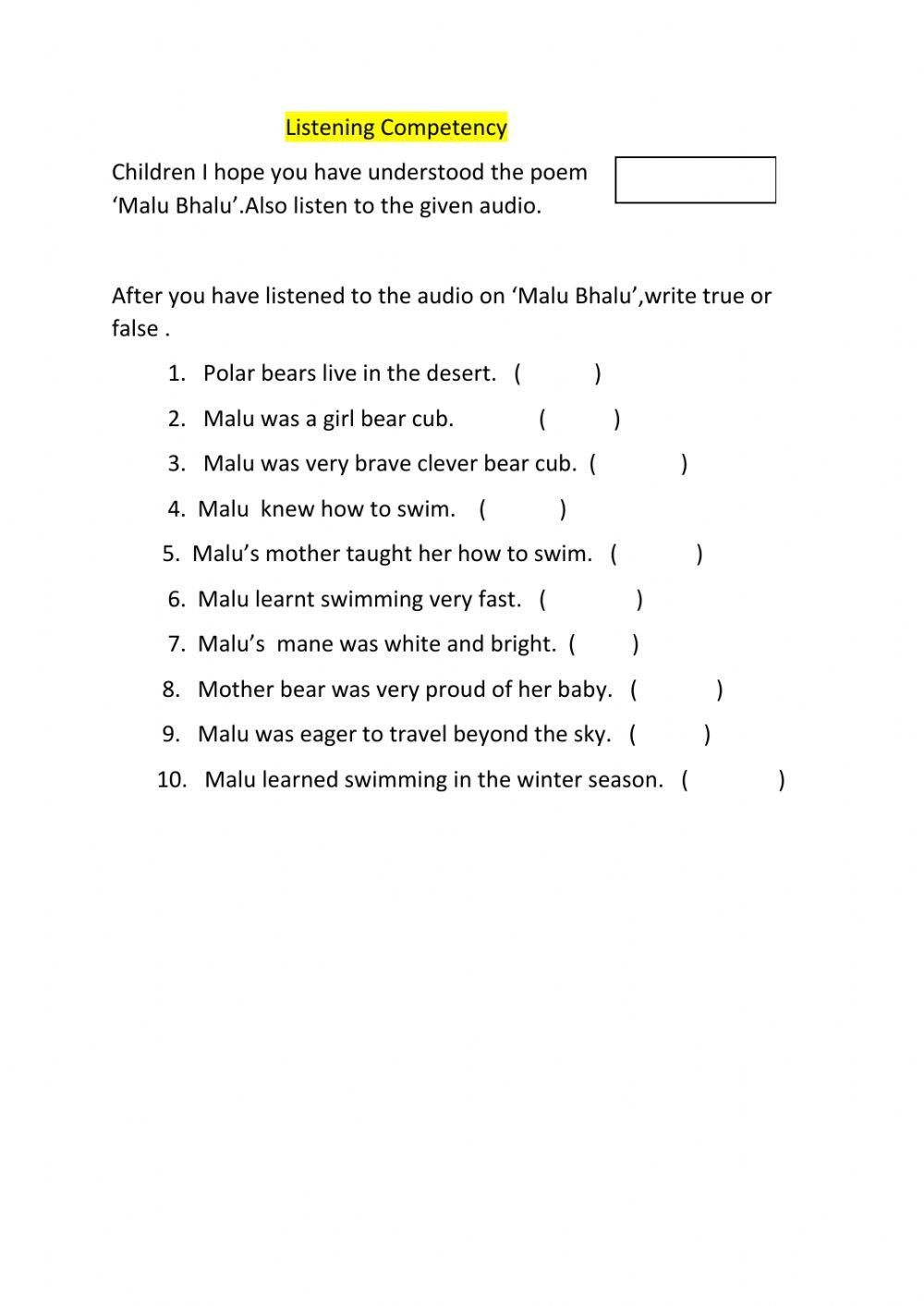 Worksheet on Poem: Malu Bhalu