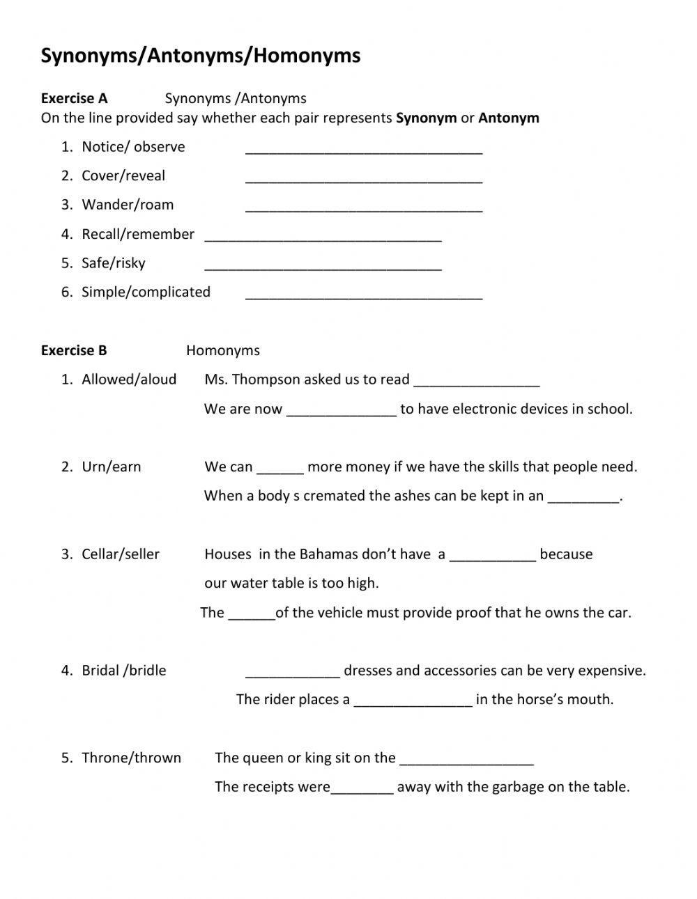 Teaching Synonyms, Antonyms, Homonyms and Homophones