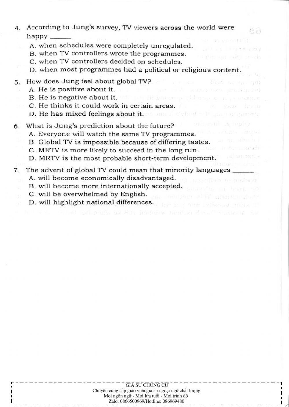 Trắc nghiệm Kỹ năng đọc hiểu Tiếng Anh số 22