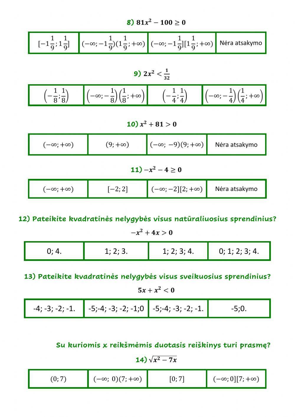 Tiesinių nelygybių sistemos. Kvadratinės nelygybės