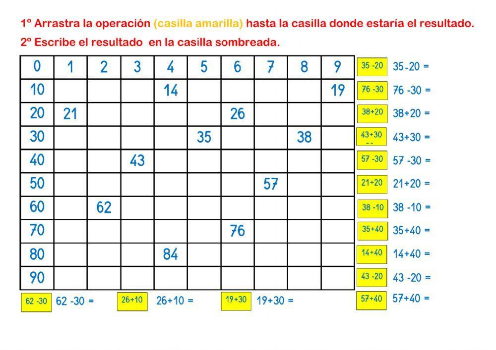 Suma y resta de decenas completas en la tabla.